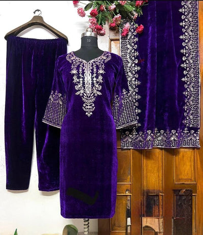 Royal Purple Velvet Embroidered 3-Piece Suit Set