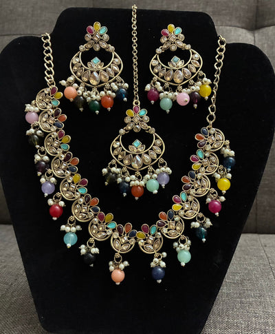 Royal Multicolor Kundan Necklace Set with Earrings & Maang Tikka (Bridal Party Wear)