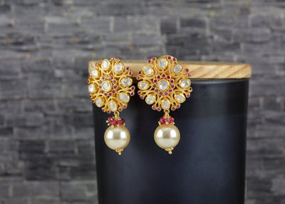 Traditional Gold-Plated Kundan Floral Earrings with Pearl Drop